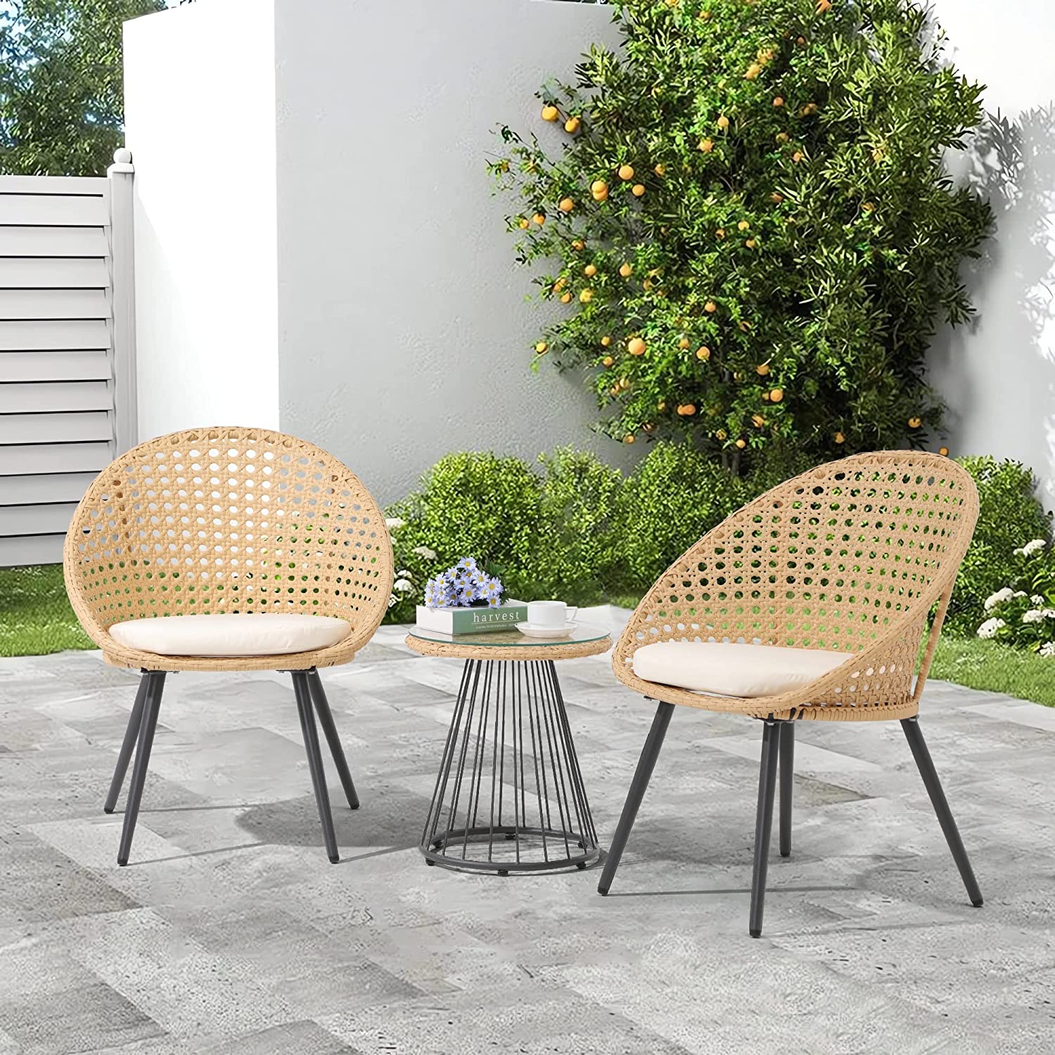 LOCCUS 3 Pieces Outdoor Patio Wicker Furniture Conversation set with Round Table