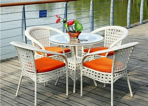 LOCCUS 5 Piece Outdoor Wicker & Rattan Patio Dining Arm Chair  (White & Orange)