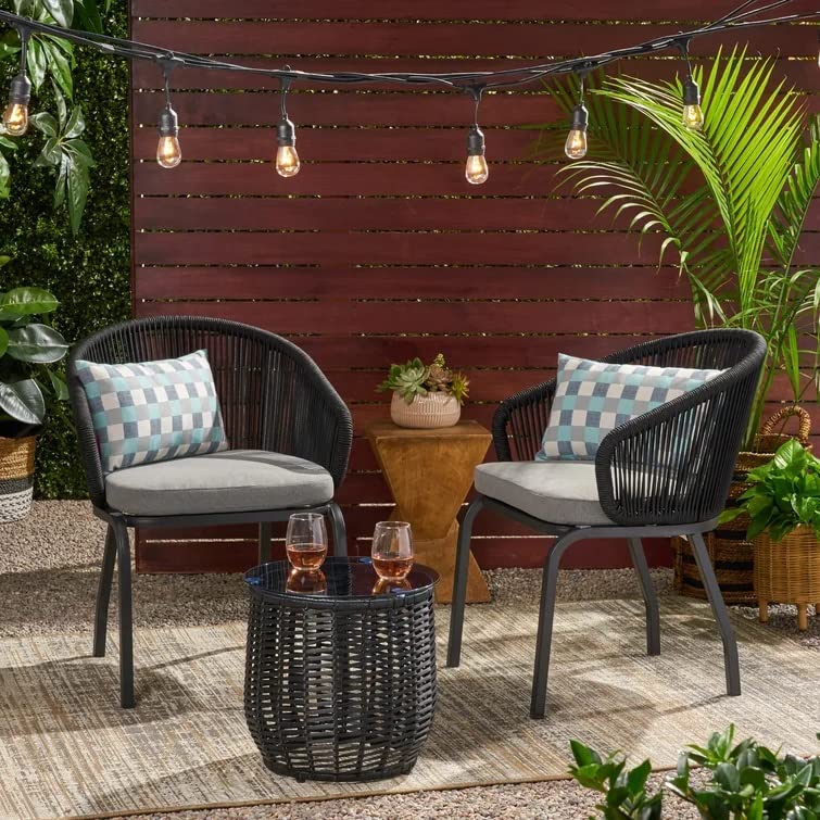LOCCUS 3-Piece Outdoor Rattan wicker  Chair Set with Cushions (Black/Grey)