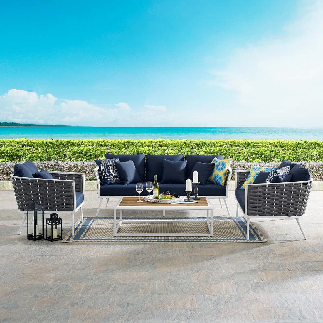 LOCCUS 4-Piece Outdoor Rope Sofa Set with Wooden Top Table – Royal Blue