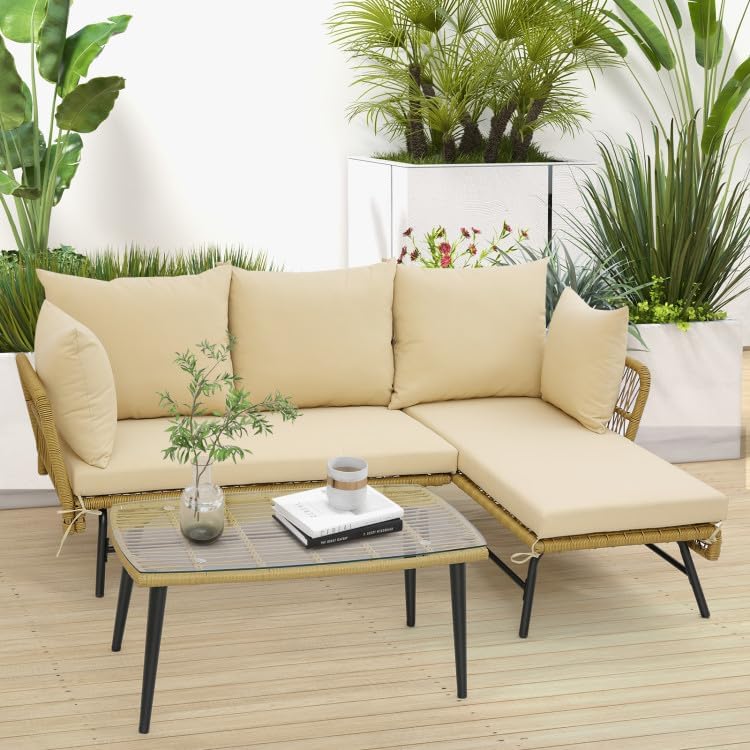 LOCCUS L-Shaped Outdoor Conversation Sofa Set with Cushions & Side Table (Beige)