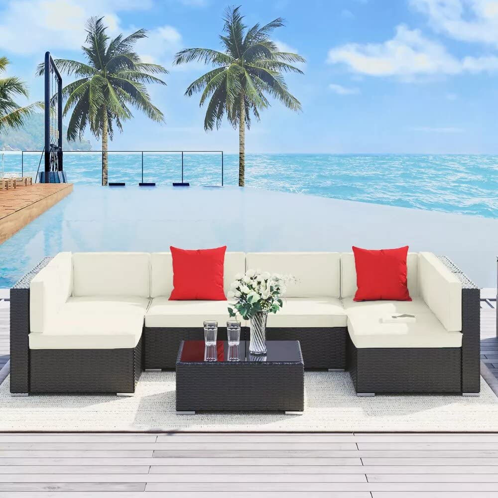 LOCCUS Patio Sofa Furniture Set with Cushion   (Brown&off-white)