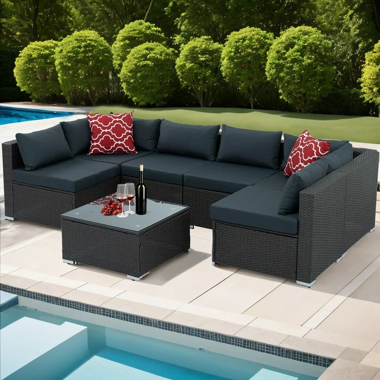 LOCCUS Outdoor Rattan Sofa Set – Dark Brown & Dark Grey