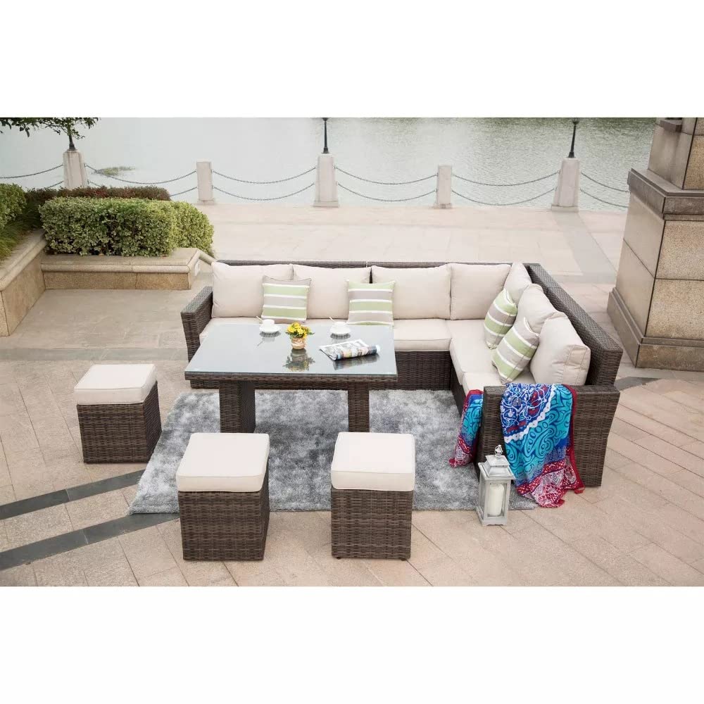 LOCCUS 6-Piece Outdoor Patio Dining Set with Table and Chairs (Dark Brown/Cream)