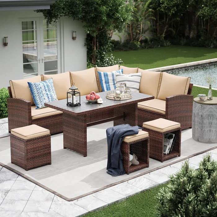 LOCCUS 7-Piece Outdoor Patio Furniture Set – Dark Brown & Beige