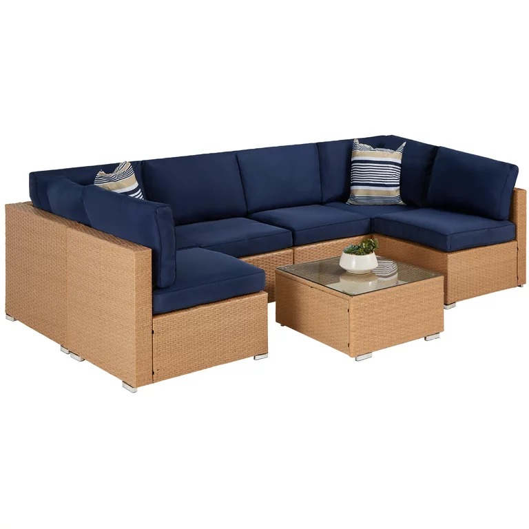 LOCCUS Outdoor Rattan Sofa Set – Dark Brown & Royal Blue