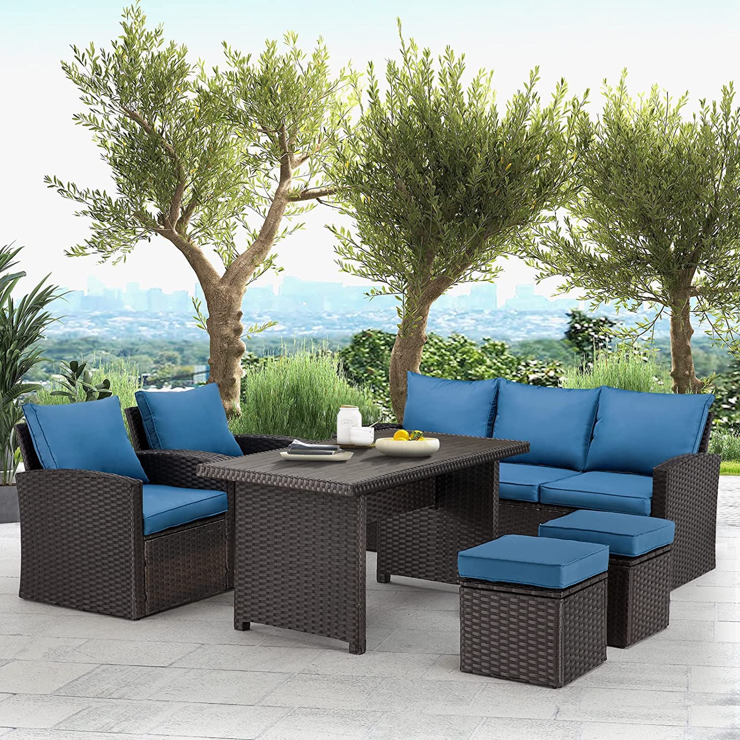 LOCCUS Outdoor Patio Sectional Sofa Set with Ottomans{Dark Brown/Blue}
