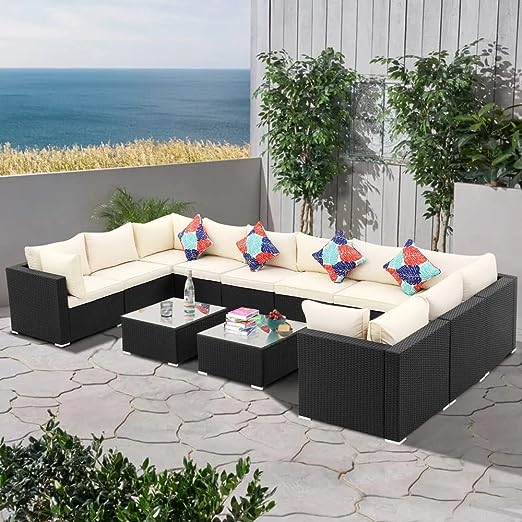LOCCUS Outdoor Sectional Sofa HDPE Wicker Conversation Set.{Dark Brown&Off-white