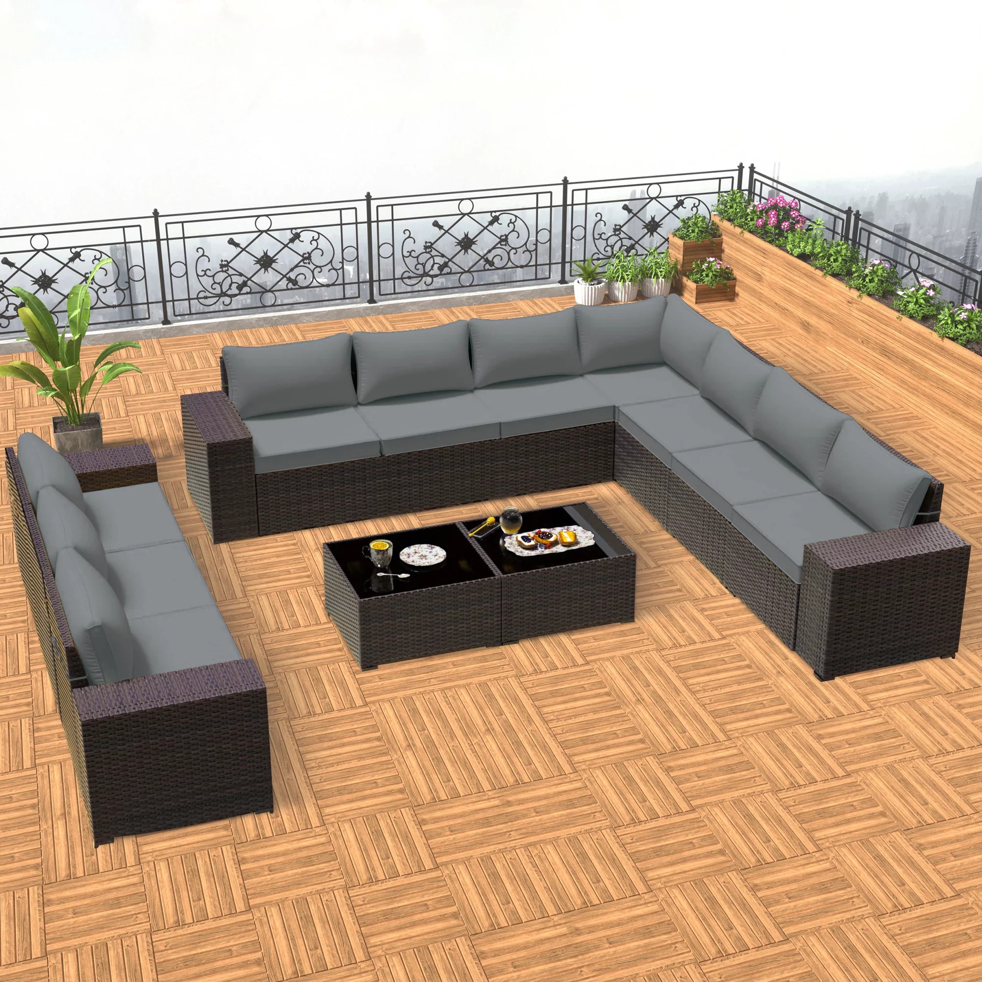 LOCCUS 10-Seater Sofa Patio Outdoor Furniture Sets {Dark Brown&Grey}