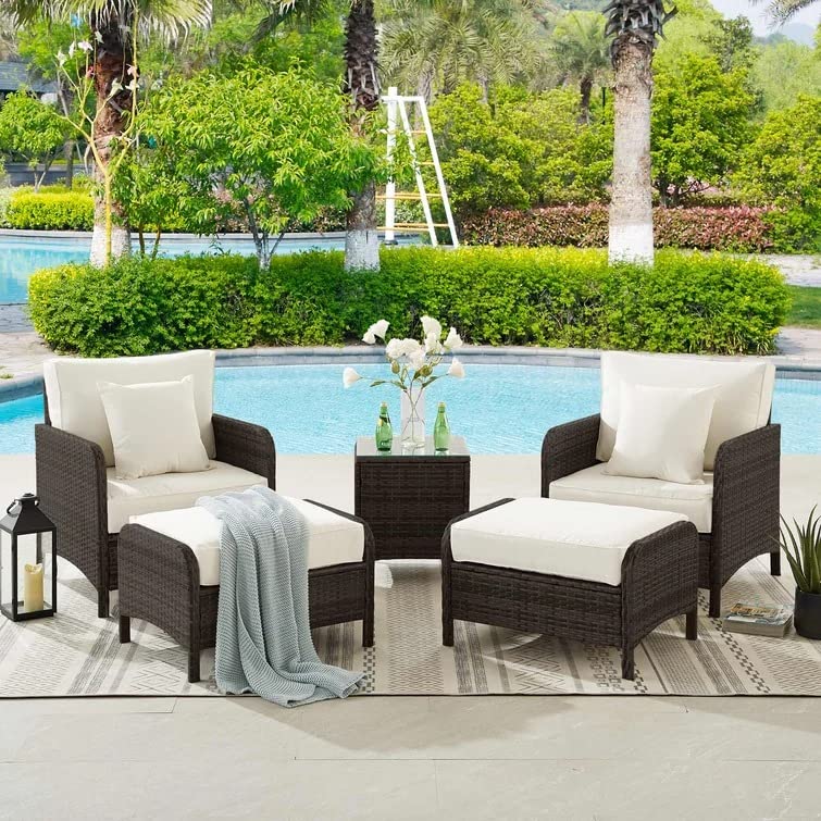 LOCCUS 5-Piece Wicker Patio Furniture Set with Table (Dark Brown/Off-White)