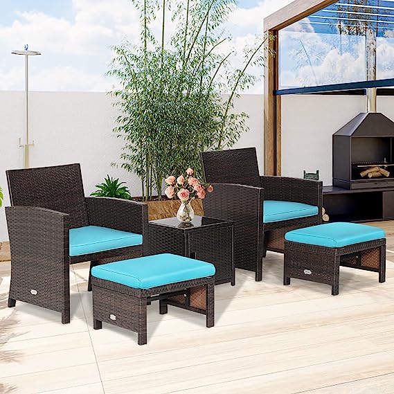 LOCCUS Outdoor Rattan Sofa Set with Ottoman and Table {Brown  & Sky-Blue}