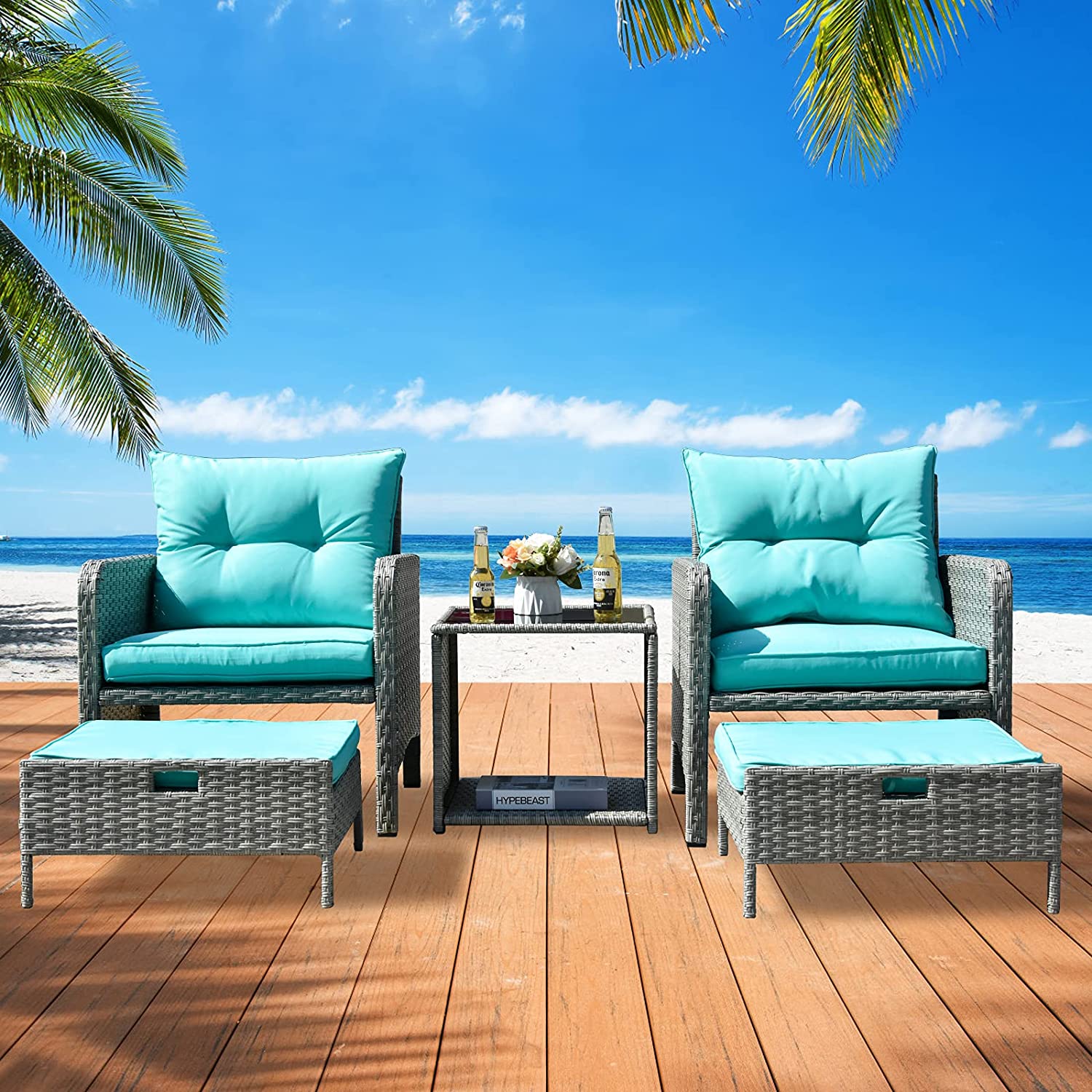 LOCCUS 5-Piece Patio Furniture Set with Ottoman & Table in Sliver & Sky Blue