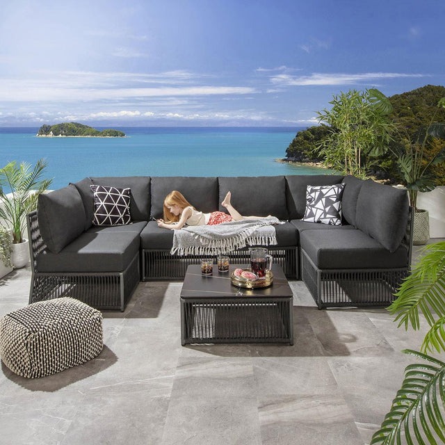 LOCCUS Outdoor Sectional Rope Sofa Set with Cushions & Coffee Table {Black}