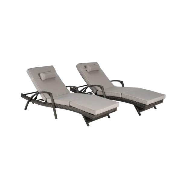 Set of 2 long reclining outdoor wicker chaise lounge chairs with cushions, perfect for patio or garden.