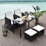 5-piece outdoor rattan wicker furniture set in black and white with chairs, sofa, and table