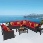 9-seater outdoor wicker sectional sofa with red cushions, including side and center tables, perfect for patio or garden