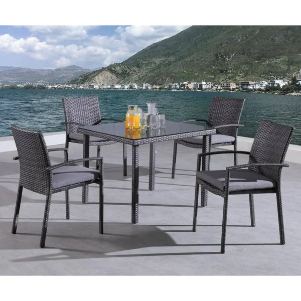 Modern 4-seater dining set with wooden center table and cushioned chairs – perfect for compact dining spaces"