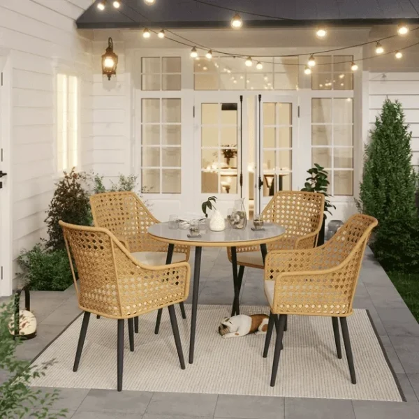 5-piece beige and cream wicker dining set with chairs and table, ideal for indoor and outdoor use, space-saving design, table without glass top