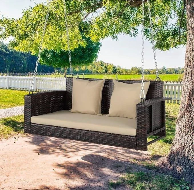 Double seater hanging swing in dark brown color, suitable for balcony and garden, without stand
