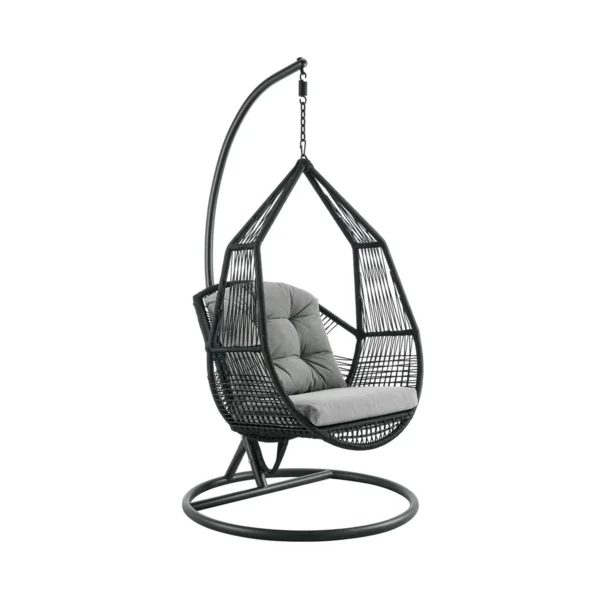 Single-seater hanging swing with a black braided rope and metal stand, placed in a garden setting.