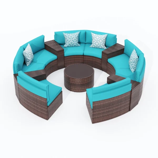 Full Moon Rattan Wicker Sofa Set in brown frame with blue cushions, outdoor patio furniture