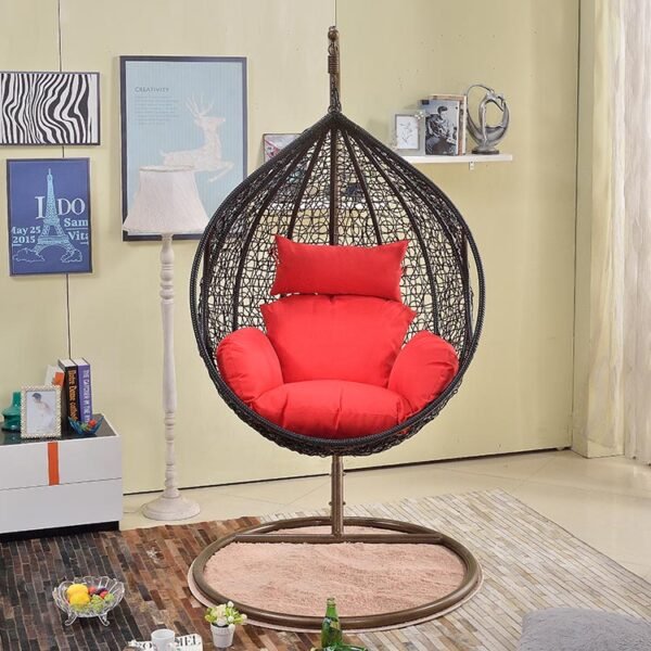 Single seater hanging swing with a sturdy black metal stand, ideal for balcony or garden seating.