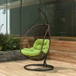 Single seater hanging swing with stand in dark brown, ideal for balcony or garden seating.