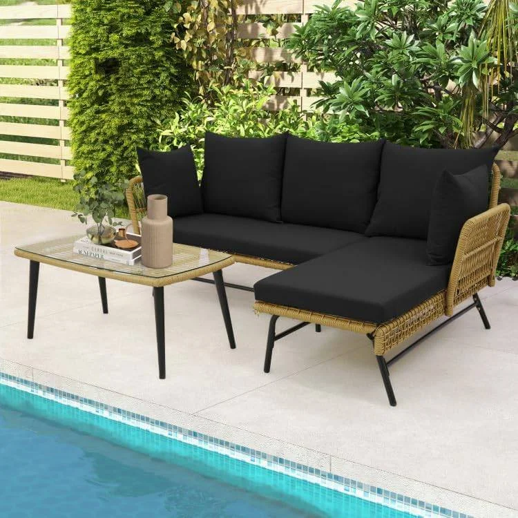 L-shaped patio furniture set with beige and black rope woven design, featuring cushioned seating for outdoor relaxation.
