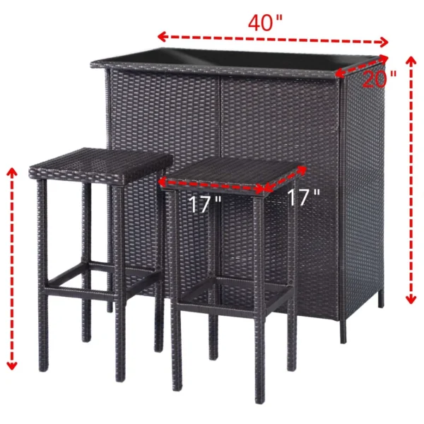 3 piece dark brown wicker patio outdoor bar set with table and two stools placed on a garden deck.