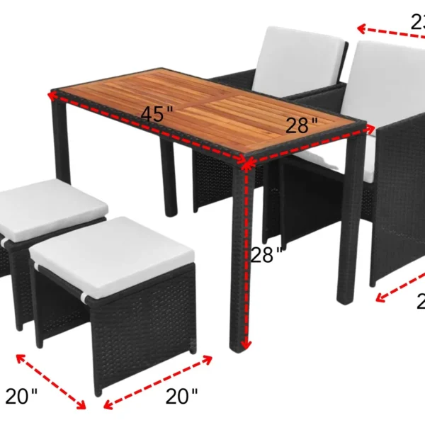 5-piece black and white rattan wicker patio dining set with ottoman and wood top table