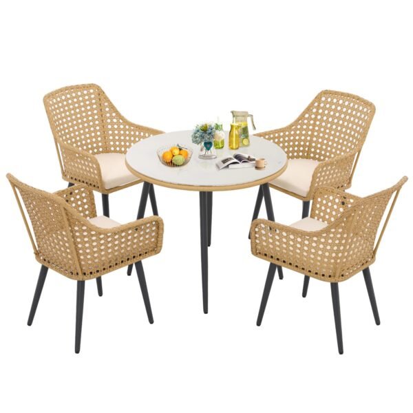 5-piece beige and cream wicker dining set with chairs and table, ideal for indoor and outdoor use, space-saving design, table without glass top