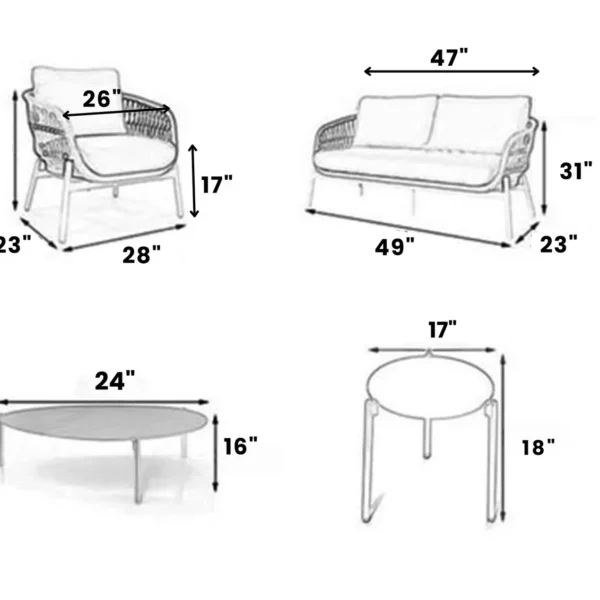 Outdoor garden 4-seater rope sofa with light grey cushions and dark grey woven rope frame placed on a patio.