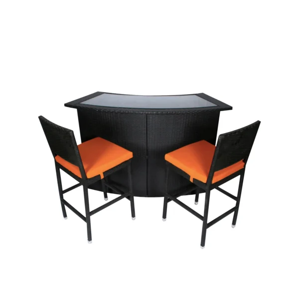 Outdoor patio bar set with 2 black chairs and 1 matching black table.