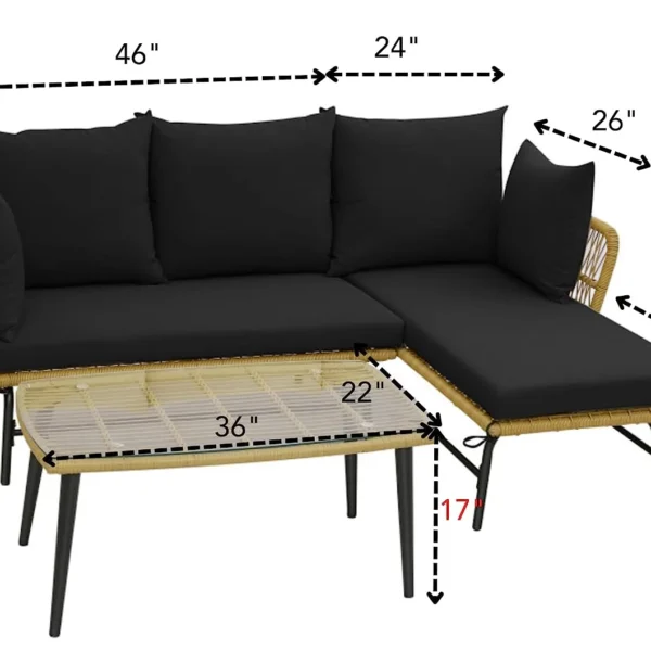 L-shaped patio furniture set with beige and black rope woven design, featuring cushioned seating for outdoor relaxation.