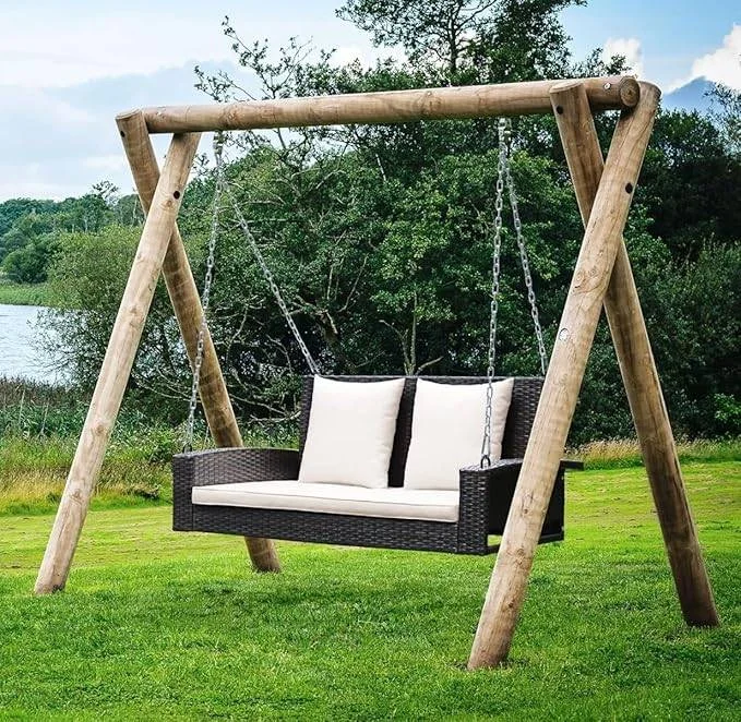 Double seater hanging swing in dark brown, designed for balcony or garden use, without stand.