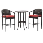 3-piece outdoor patio bar set with wicker bar table and two high stools in weather-resistant design.