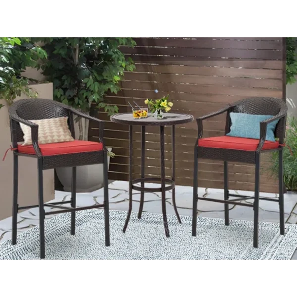 3-piece outdoor patio bar set with wicker bar table and two high stools in weather-resistant design.