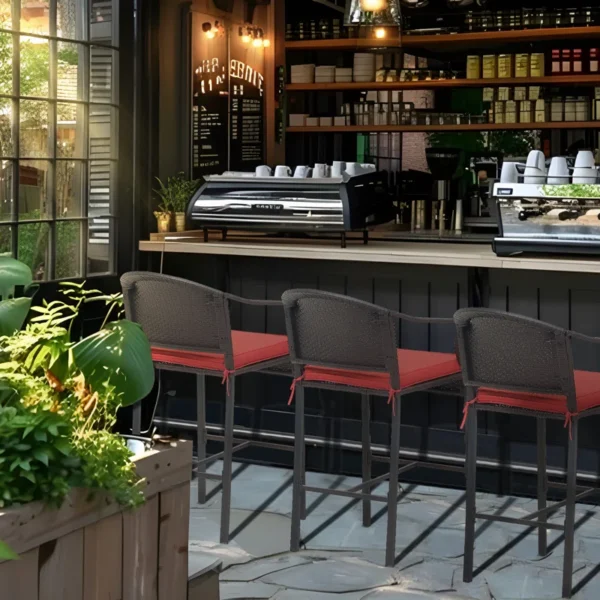 3-piece outdoor patio bar set with wicker bar table and two high stools in weather-resistant design.