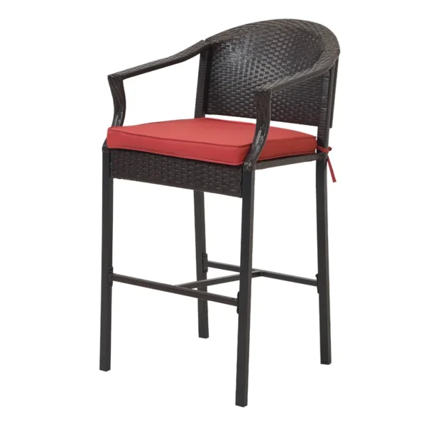 3-piece outdoor patio bar set with wicker bar table and two high stools in weather-resistant design.