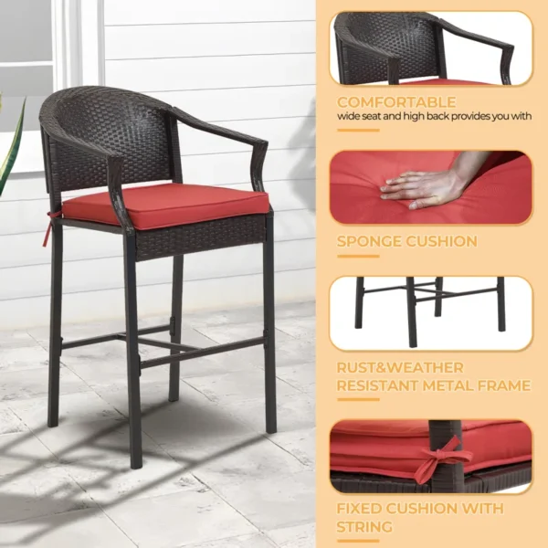 3-piece outdoor patio bar set with wicker bar table and two high stools in weather-resistant design.