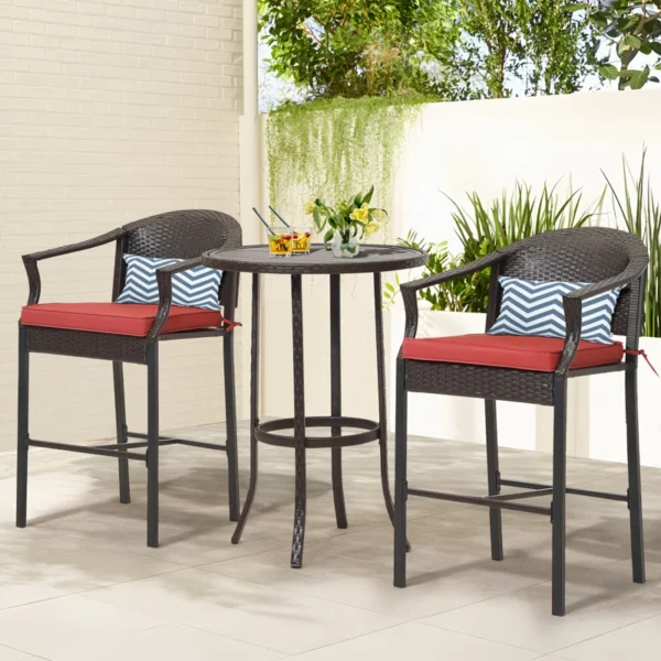 3-piece outdoor patio bar set with wicker bar table and two high stools in weather-resistant design.