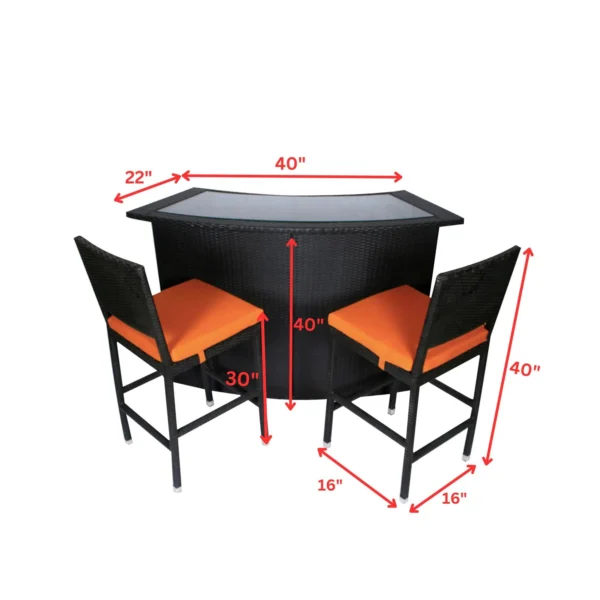 Outdoor patio bar set with 2 black chairs and 1 matching black table.