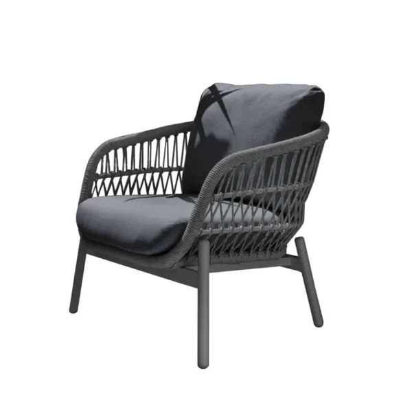 Outdoor garden 4-seater rope sofa with light grey cushions and dark grey woven rope frame placed on a patio.