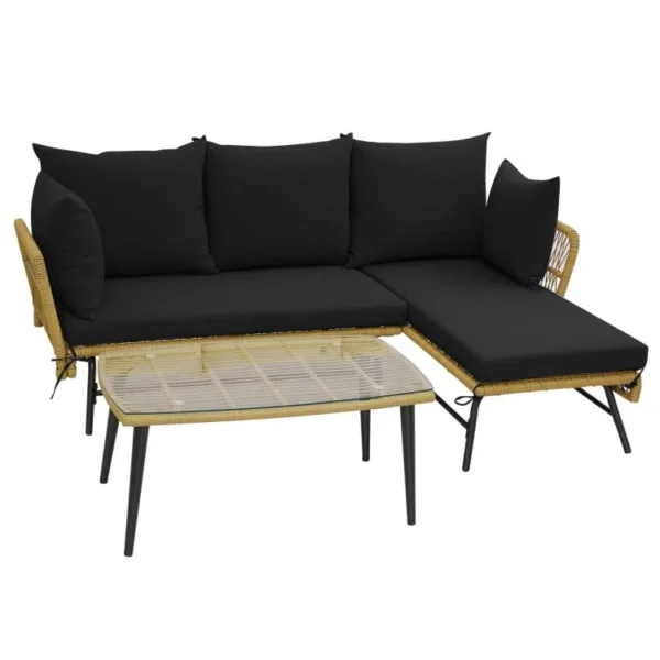 L-shaped patio furniture set with beige and black rope woven design, featuring cushioned seating for outdoor relaxation.