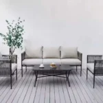 Grey and light grey outdoor rope woven sectional sofa patio set with waterproof cushions and glass table