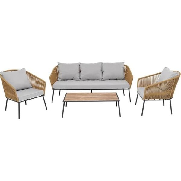 Beige and grey 4-piece weaving rope patio furniture set with thick cushions and armrests on outdoor patio