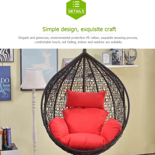 Single seater hanging swing with a sturdy black metal stand, ideal for balcony or garden seating.