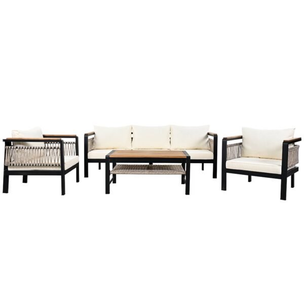 Outdoor 4-piece rope sofa set with beige cushions and grey frame, including three-seater sofa, two armchairs, and glass-top coffee table, ideal for garden, deck, poolside, or terrace.