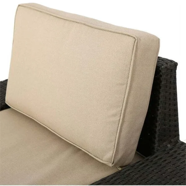 L-shape outdoor wicker patio sectional set with cream cushions and matching coffee table in dark brown