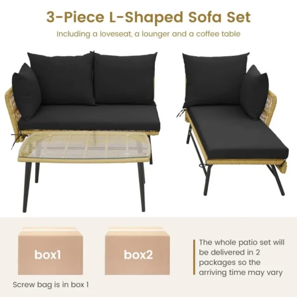 L-shaped patio furniture set with beige and black rope woven design, featuring cushioned seating for outdoor relaxation.